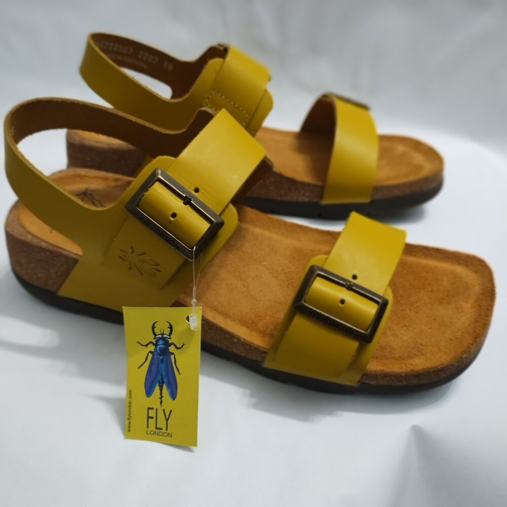 Fly London Mustard-Yellow Low-Wedge Bridle-Styled Leather Summer Sandals